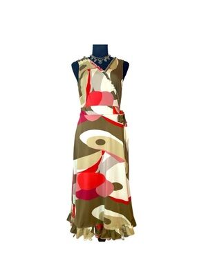 JONATHAN MARTIN ~ Army Green and Pink Ruffled A-Line Sleeveless Midi Dress